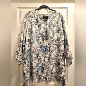 NWT Tahari 100% Linen Tropical Button Roll Sleeve Top